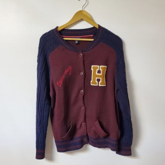 Tommy Hilfiger Burgundy & Navy Varsity Cardigan w Cable Knit Sleeves Sz L - Picture 7 of 7